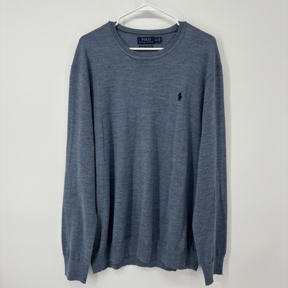 Polo Ralph Lauren‎ Men's Blue Merino Wool Sweater Crew Neck Size XL Washable